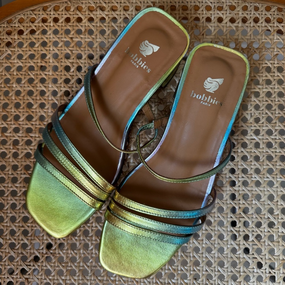 Bobbies Paris Iridescent Green Leather Slide Sandals